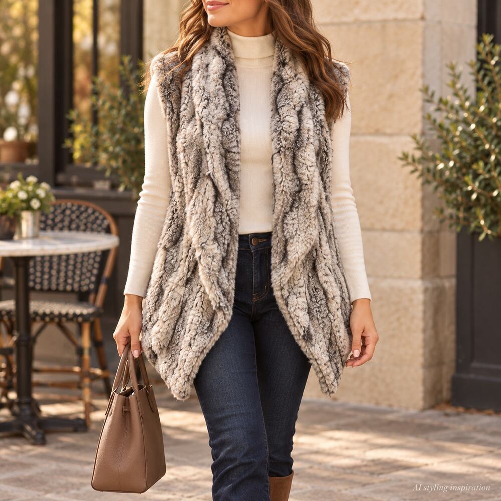 Show Me Your Mumu Fausta Gray Faux Fur Open Front Vest Size Small